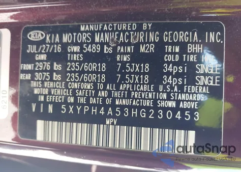 2017 Kia Sorento 3.3L Ex z USA, uszkodzony, nr VIN 5XYPH4A53HG230453